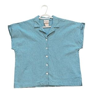 Women’s teal and white checkered button down shirt